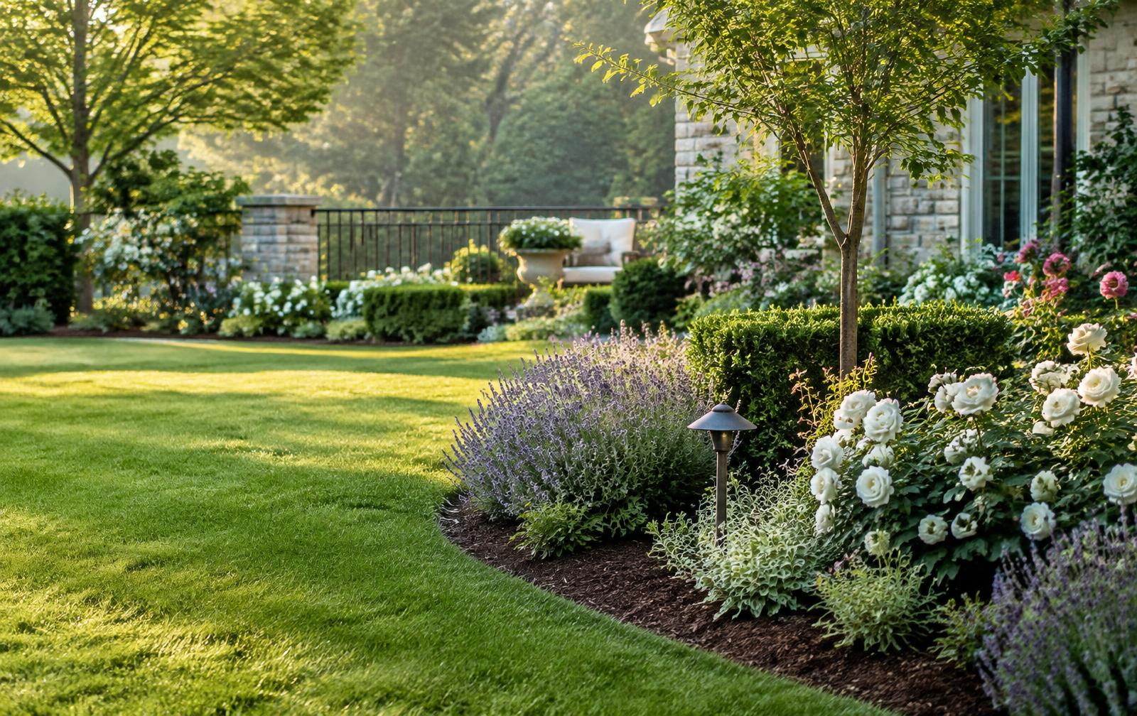 Well-kept garden with lawn, lavender and roses